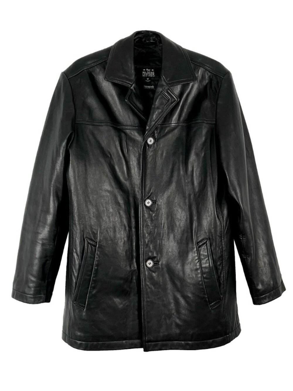 Wilsons Pelle Studio Genuine Leather Long Coat Black 90s Vintage Grunge Y2K Mens